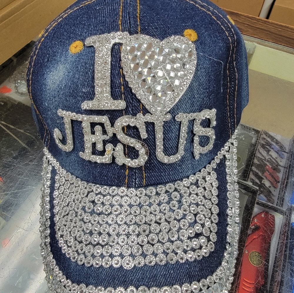 New Blue Jean Rhinestone I love Jesus adjustable baseball cap